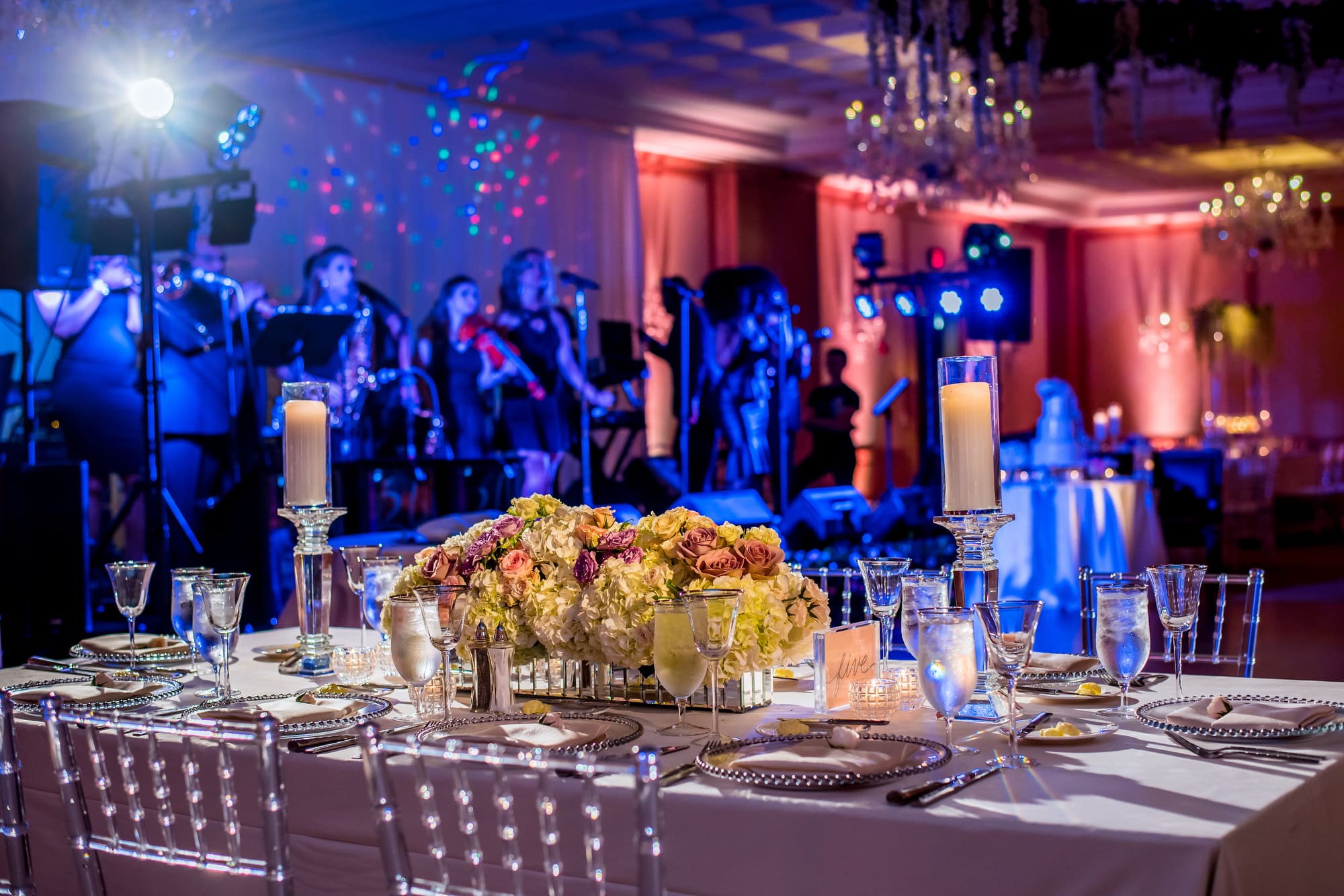 Townsend Hotel ballroom set for wedding reception