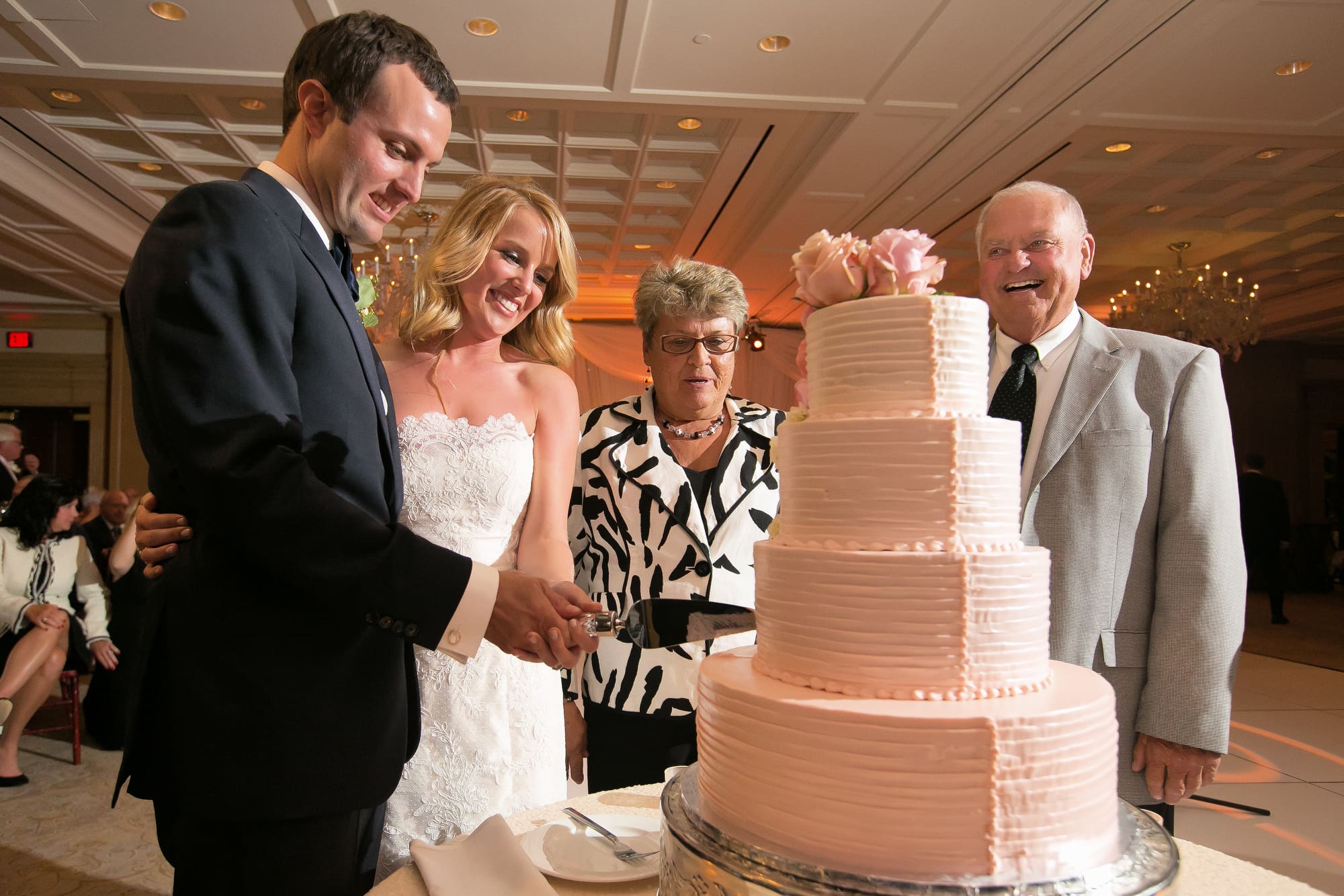 Neutral ballroom interior with warm lighting