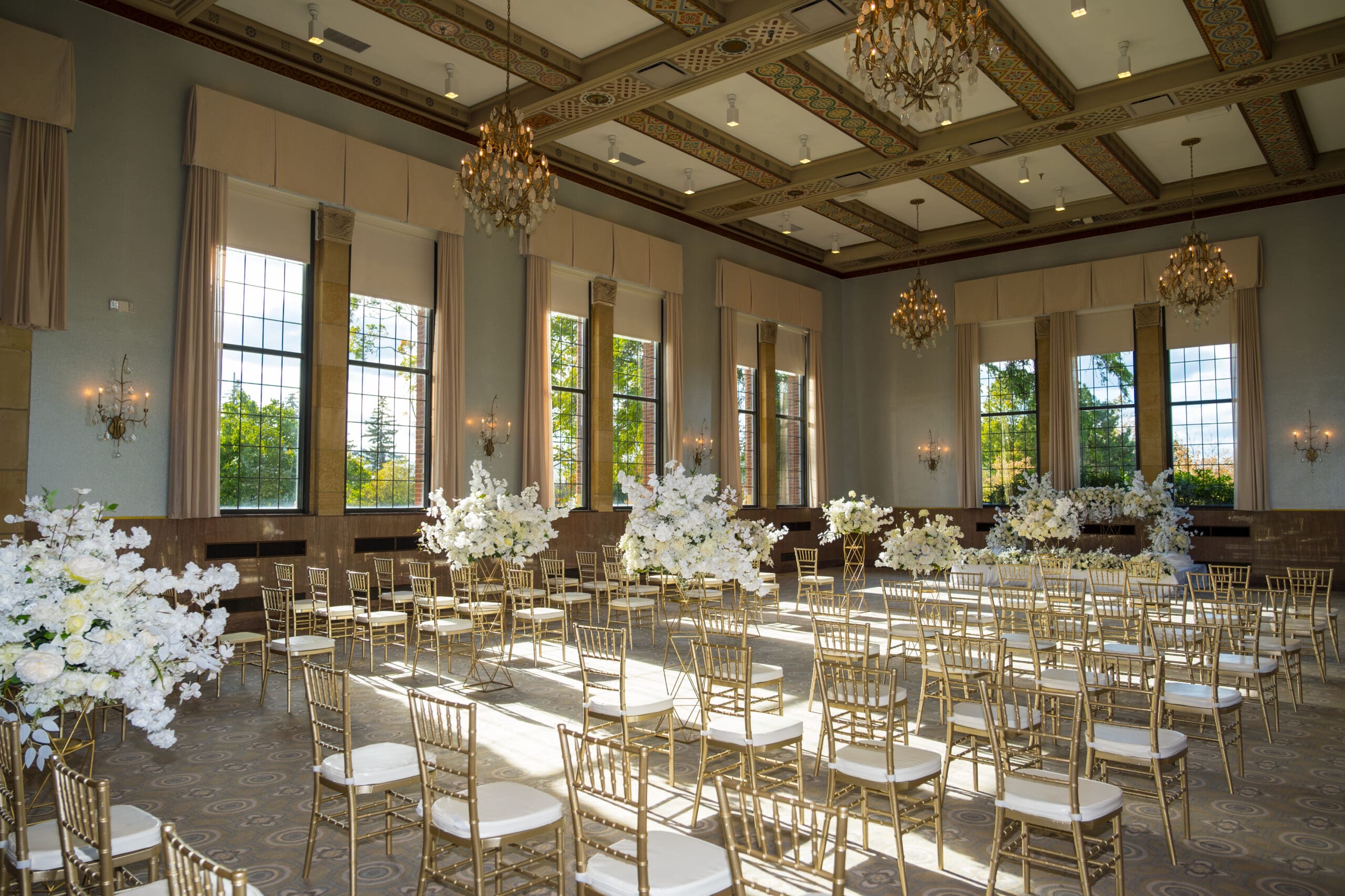 Elegant reception setup in the Mosaic Ballroom wedding space