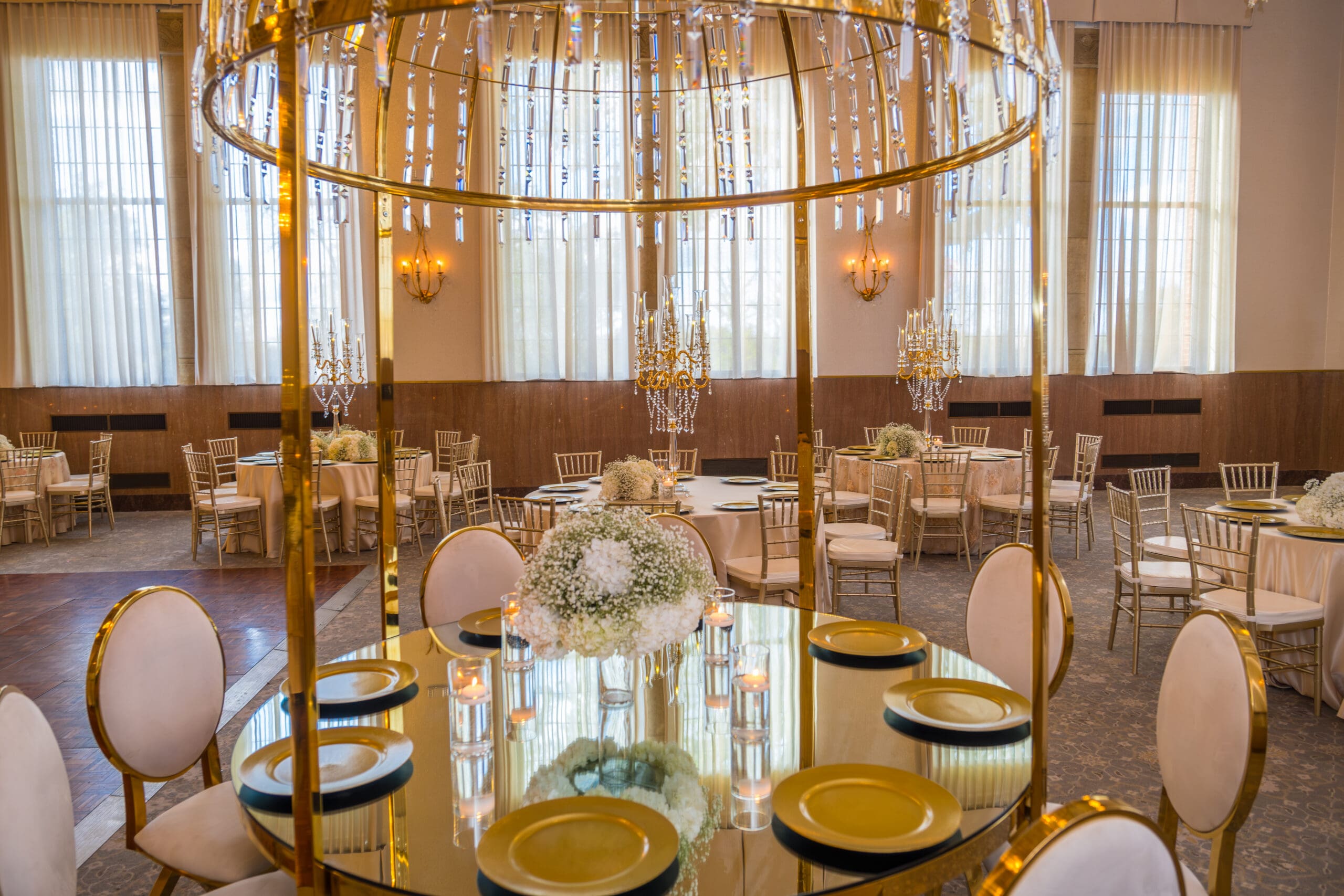 Wedding reception tables arranged in the Provincial Ballroom