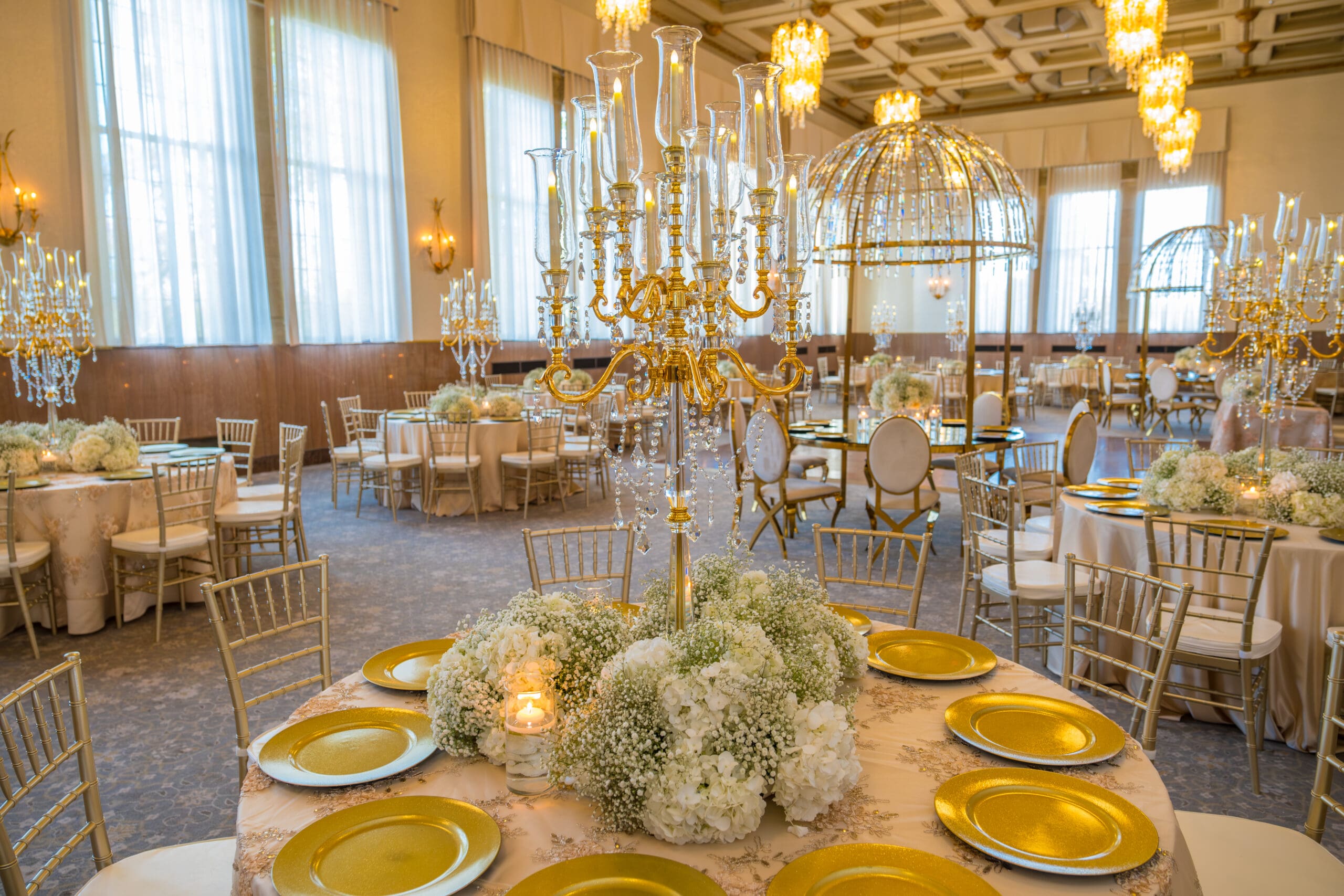 Wide view of the Provincial Ballroom during wedding preparation