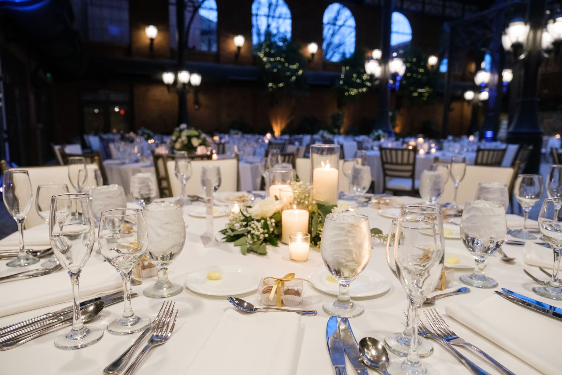 Wedding reception tables set for guests at St. John’s Resort in Plymouth, Michigan
